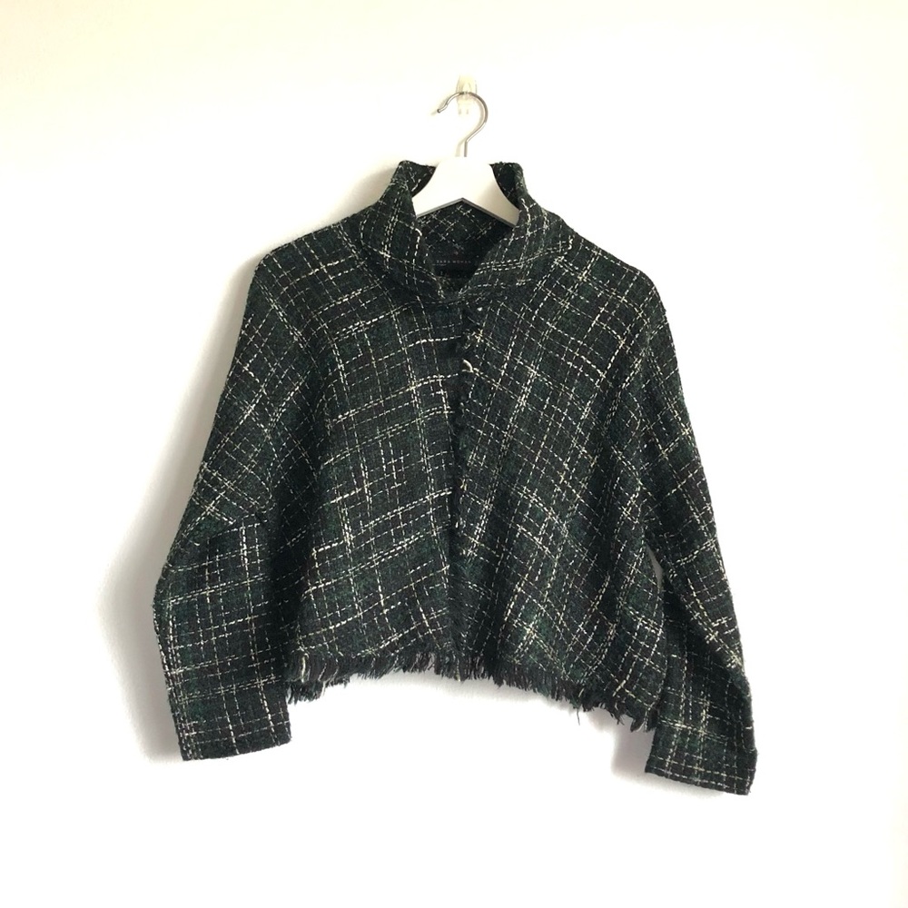 Zara Black / Green Plaid Tweed Fringe Mock Neck Cropped Sweater Size Small